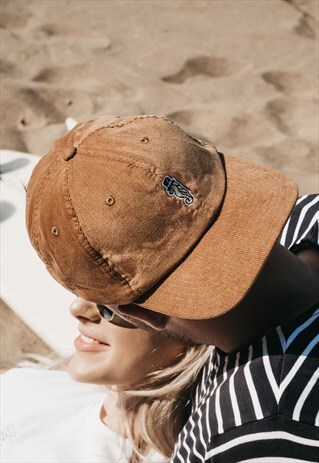 'SEAHORSE' EMBROIDERED CORDUROY STRAPBACK CAP IN TAN