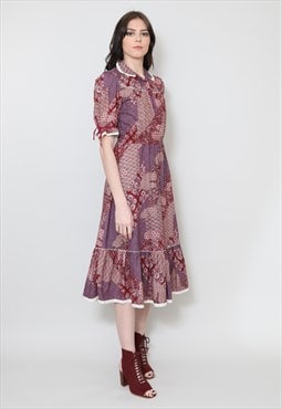 70's Ladies Vintage Midi Dress Prairie Purple Cotton 