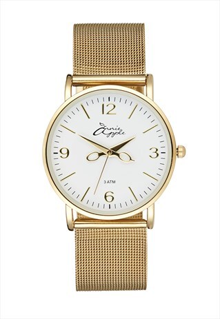 ANNIE APPLE GOLD & WHITE MESH HAIRDRESSERS SCISSOR WATCH