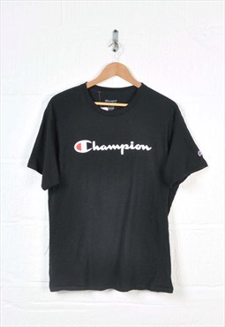 Vintage Champion Spell Out T-Shirt Crew Neck Black Large