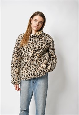 Vintage warm teddy fleece pullover in leopard print retro 