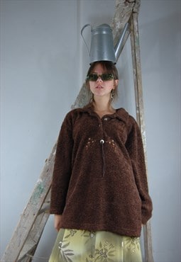 Vintage 90's oversized funky soft fleece jumper in brown
