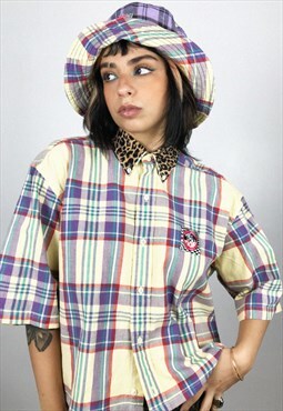 Upcycled Yellow Tartan Shirt With Leopard Collar