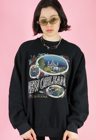 VINTAGE 90S SWEATSHIRT JUMPER IN BLACK W NEW ORLEANS PRINT