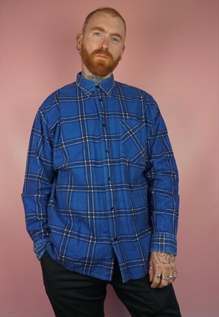 VINTAGE 1990S BLUE OVERSIZED CHECK FLANNEL SHIRT