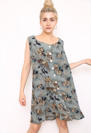 VINTAGE 90S GREEN FLORAL PRINT BUTTON MINI DRESS