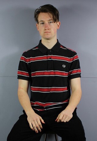 VINTAGE FRED PERRY POLO SHIRT IN BLACK AND RED WITH EMBROIDE