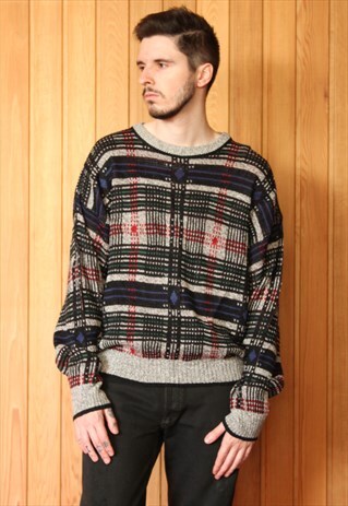 VINTAGE 1980S GREY AND BLACK CHECKED JUMPER