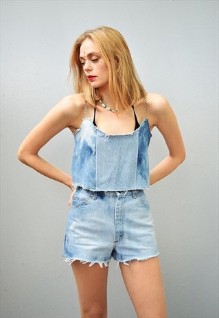 COOL BOHO FESTIVAL RAW RETRO DENIM PRINT CROP TOP