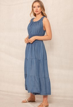 Our Blue Denim Tiered Round Neck Maxi Dress is part of our l