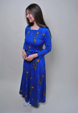 80's maxi boho dress, vintage flowers print blue dress