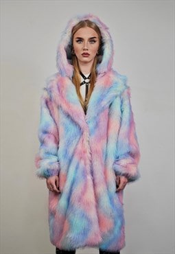 Tie-dye coat faux fur pastel pink shaggy trench overcoat 