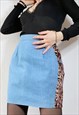 90s Vintage Mini Denim Skirt High Waist Leopard Print Blue