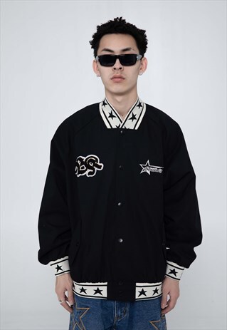 Star print varsity jacket multi patch aviator bomber black | Now ...