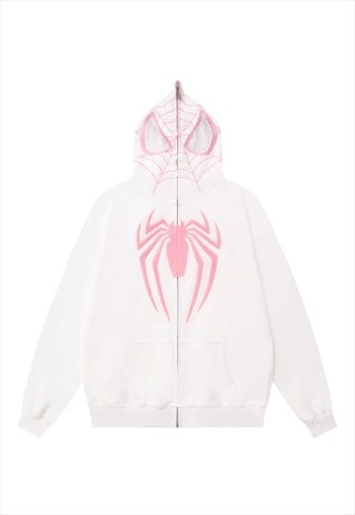 SPIDER HOODIE FULL ZIP UP PUNK PULLOVER GOTHIC TOP IN WHITE