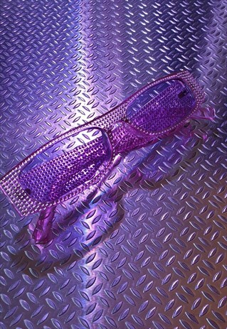 SLIM RECTANGLE SUNGLASSES IN PURPLE WITH DIAMANTE EFFECT