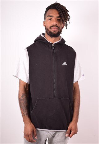 ADIDAS MENS VINTAGE HOODIE JUMPER SLEEVELESS LARGE BLACK 90S