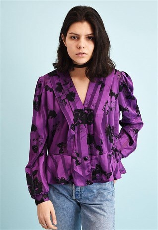 80'S RETRO SHEER FLORAL PRINT MOMS PEPLUM BLOUSE TOP