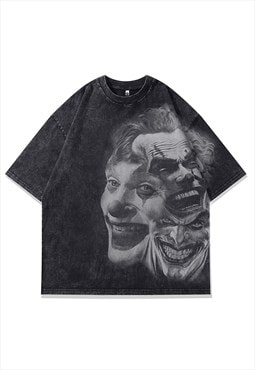 Creepy clown t-shirt retro Joker tee circus top in acid grey