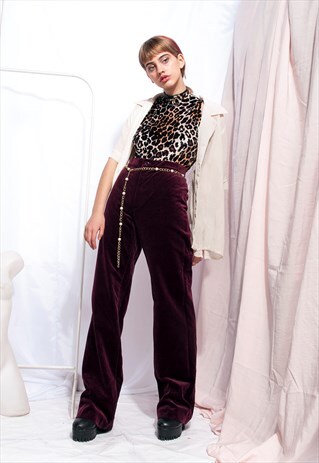 VINTAGE VELVET TROUSERS 70S WIDE-LEG MAROON FLARE PANTS