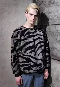Zebra fleece sweater fluffy stripe jumper y2k top in grey