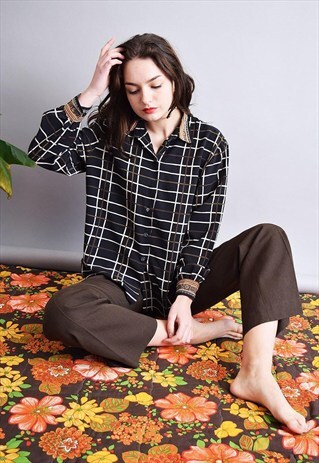 90'S RETRO ABSTRACT CHECKED PATTERN PRINT OVERSIZED SHIRT
