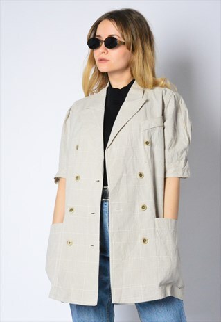 VINTAGE 80S BEIGE CHECK LIGHTWEIGHT SHORT SLEEVE BLAZER