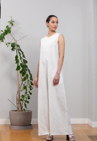 White Linen Loose Fit Jumpsuit with Pockets
