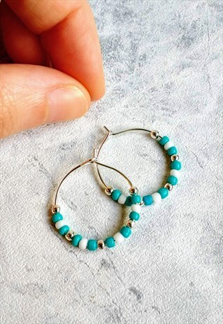 MINI HANDMADE BEADED HOOP EARRINGS TURQUOISE