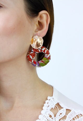 GOLD FAUX PEARL PRINT FABRIC HOOP DROP EARRINGS