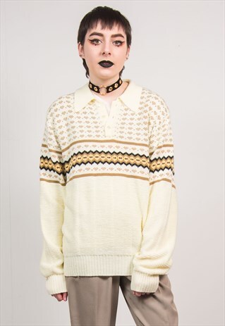 VINTAGE 90'S WHITE PATTERNED KNIT GRANDAD JUMPER