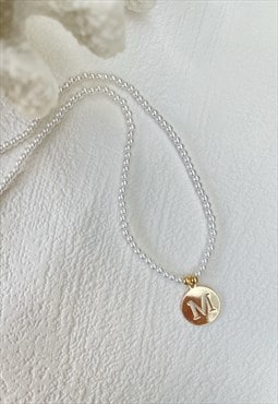 Gold Letter Faux Pearl Initial  M Charm Pendant  Necklace
