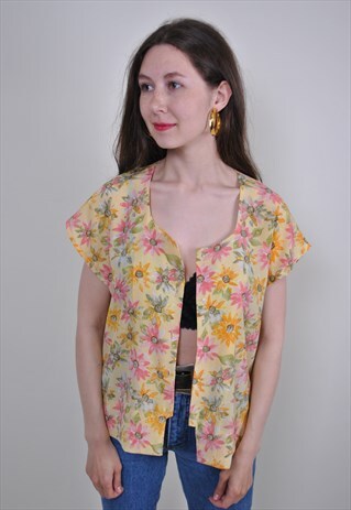 80S YELLOW FLORAL PATTERN BLOUSE, SIZE M