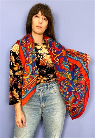 VINTAGE 70'S LARGE RED PATTERNED SQUARE SCARF - ONE SIZE