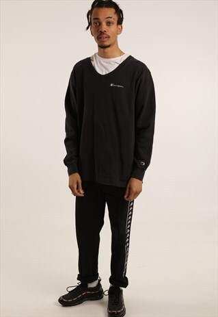 VINTAGE CHAMPION EMBROIDERED SPELLOUT V-NECK SWEATSHIRT