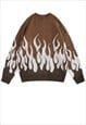 FLAME PRINT SWEATER Y2K FIRE JUMPER RETRO KNIT TOP IN BROWN