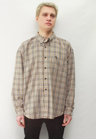 VINTAGE 90' AMAZING ELEGANT CLASSIC CHECKED BEIGE SHIRT