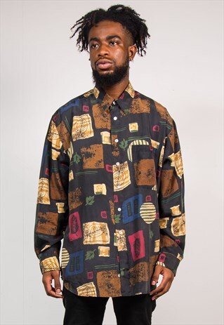 VINTAGE 90'S BLACK PATTERNED LONG SLEEVE SILK SHIRT