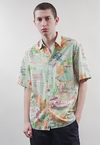 VINTAGE 70'S UNIFORM SHORT-SLEEVE AMERICAN STATE PRINT SHIRT