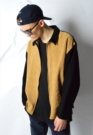 VINTAGE 90S MUSTARD BLACK WOOL BLEND CARDIGAN JACKET