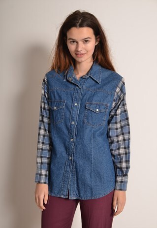 VINTAGE 90S DENIM SHIRT WITH FLANNEL SLEEVES IN BLUE