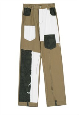 Khaki Denim Patchwork Relaxed Fit Jeans Pants Y2k