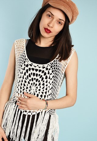 Y2K CREAMY BOHO FESTIVAL TRANSPARENT FRINGED CROCHET TOP