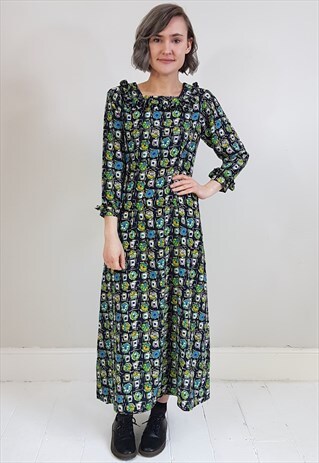 VINTAGE 70'S BLUE AND GREEN FRILL MAXI DRESS