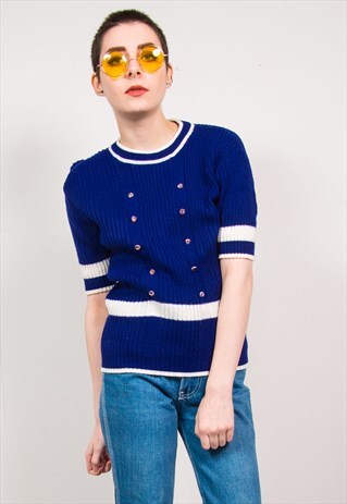 VINTAGE 70'S NAVY BLUE& WHITE STRIPED KNIT RIBBED TOP