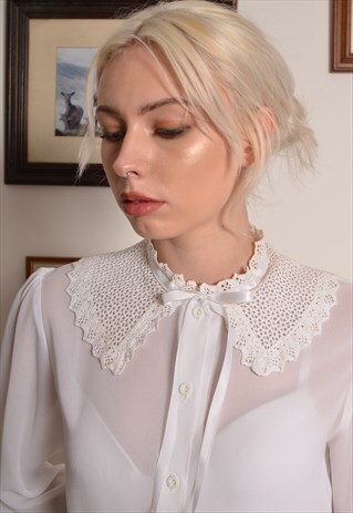 VINTAGE 60S WHITE SHEER TIE NECK BLOUSE WITH CROCHET COLLAR