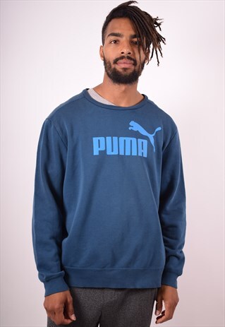 PUMA MENS VINTAGE SWEATSHIRT JUMPER LARGE BLUE 90S