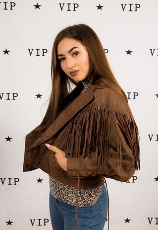 VINTAGE BROWN WESTERN STYLE FRINGE TASSLE LEATHER JACKET