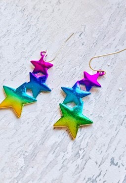 Rainbow star dangle earrings on ear wires