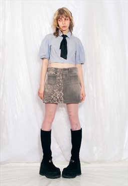 Vintage Denim Skirt Y2K Painted Flame Mini in Grey